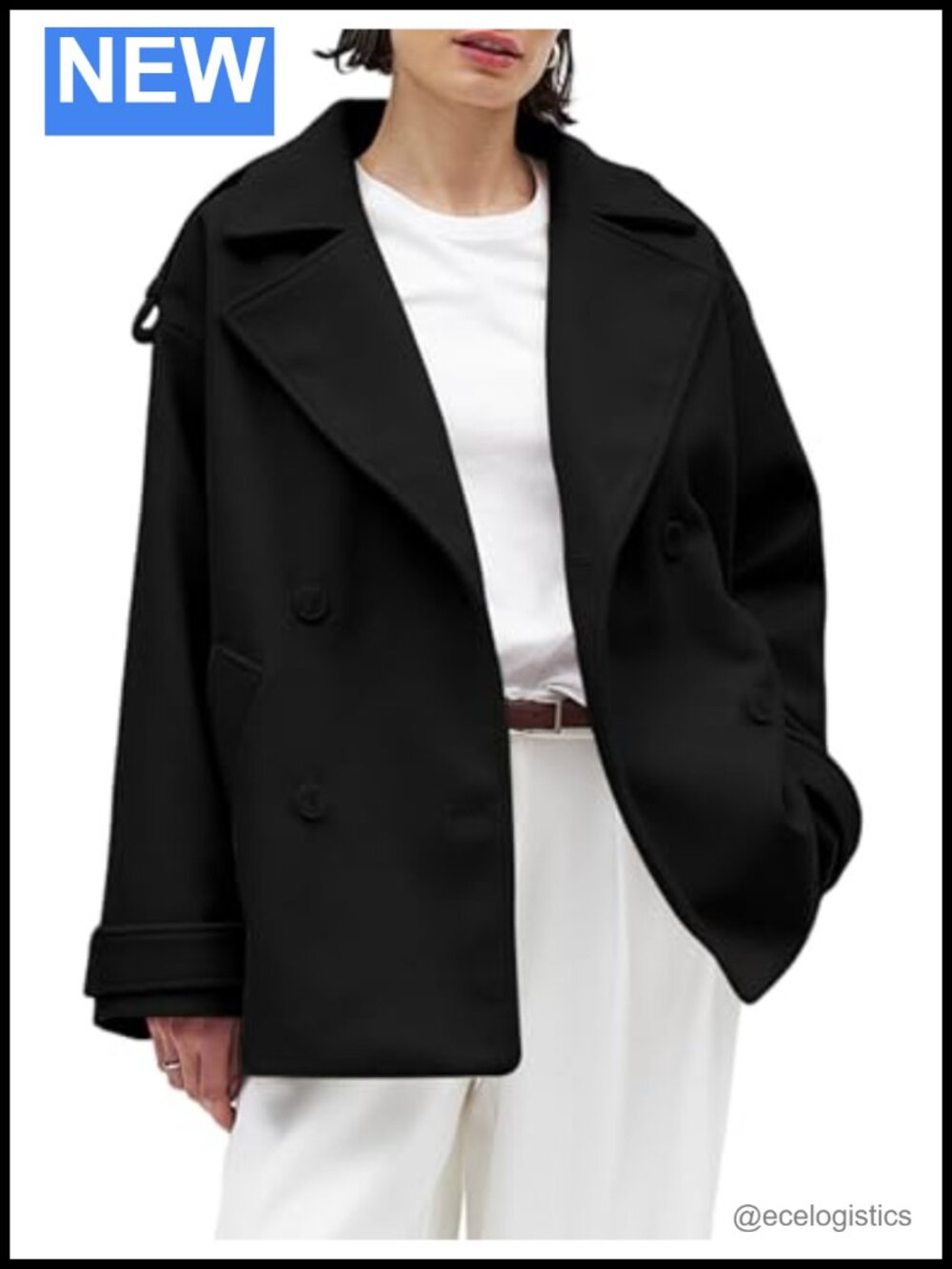 Women's Cropped Wool Blend Pea Coat Double Breasted Jacket Oversized